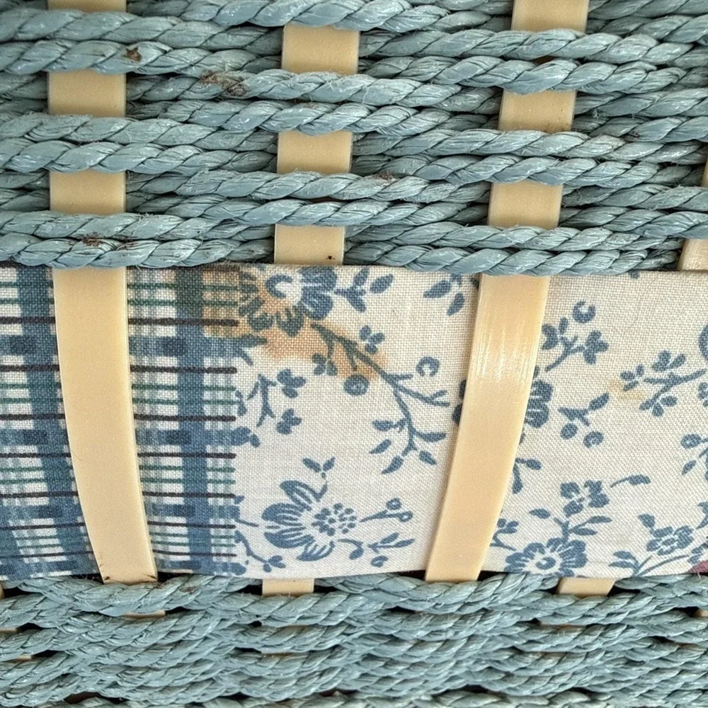 Vintage Wicker Blue Floral Tapestry Square Sewing Box Cottagecore